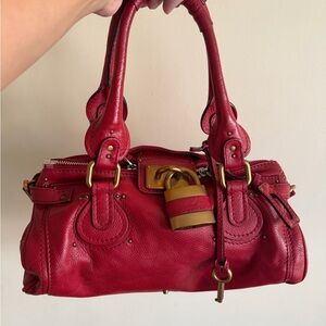 Chloé Paddington Red Leather Shoulder Bag with Gold-Tone Padlock